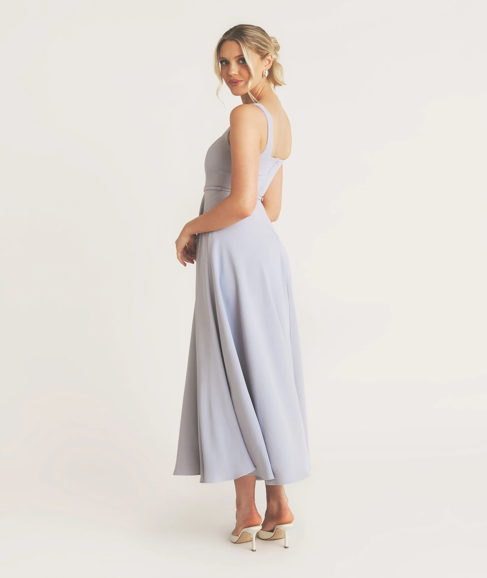 Square Neck Belted Midi Dress - Pale Blue - Image 6