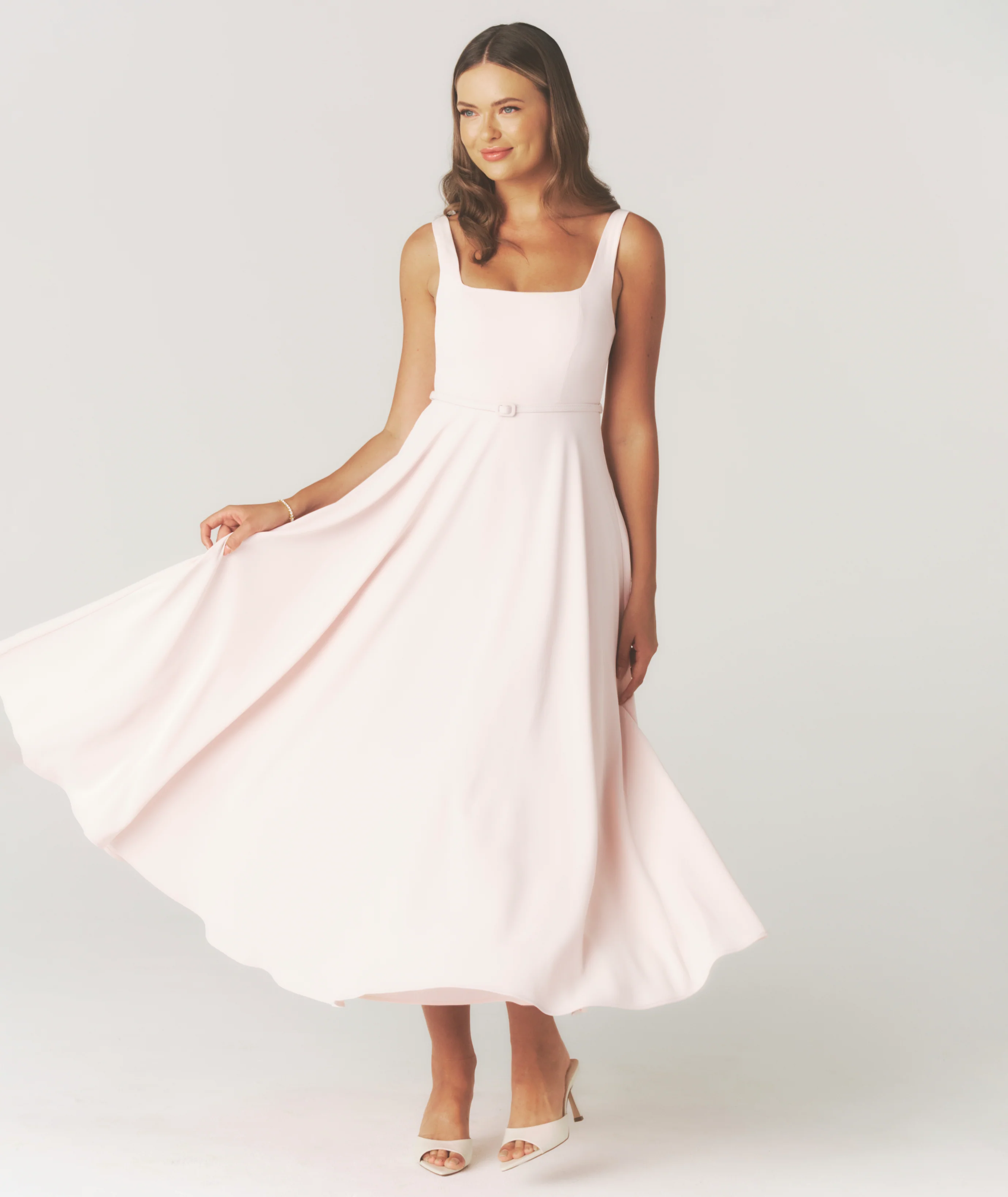 Square Neck Belted Midi Dress - Pale Pink - Image 5