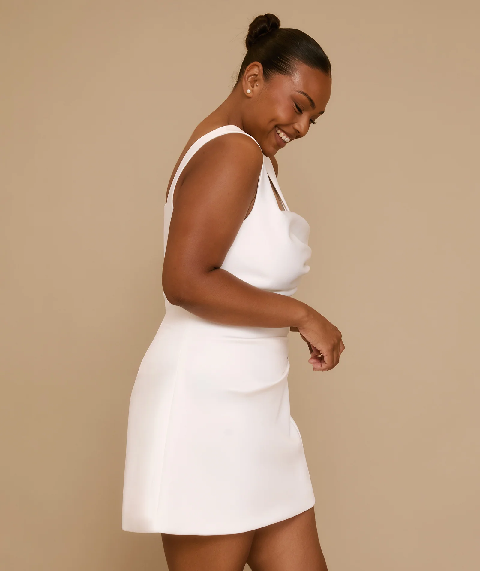 Square Neck Button Satin Mini Dress - White - Image 4