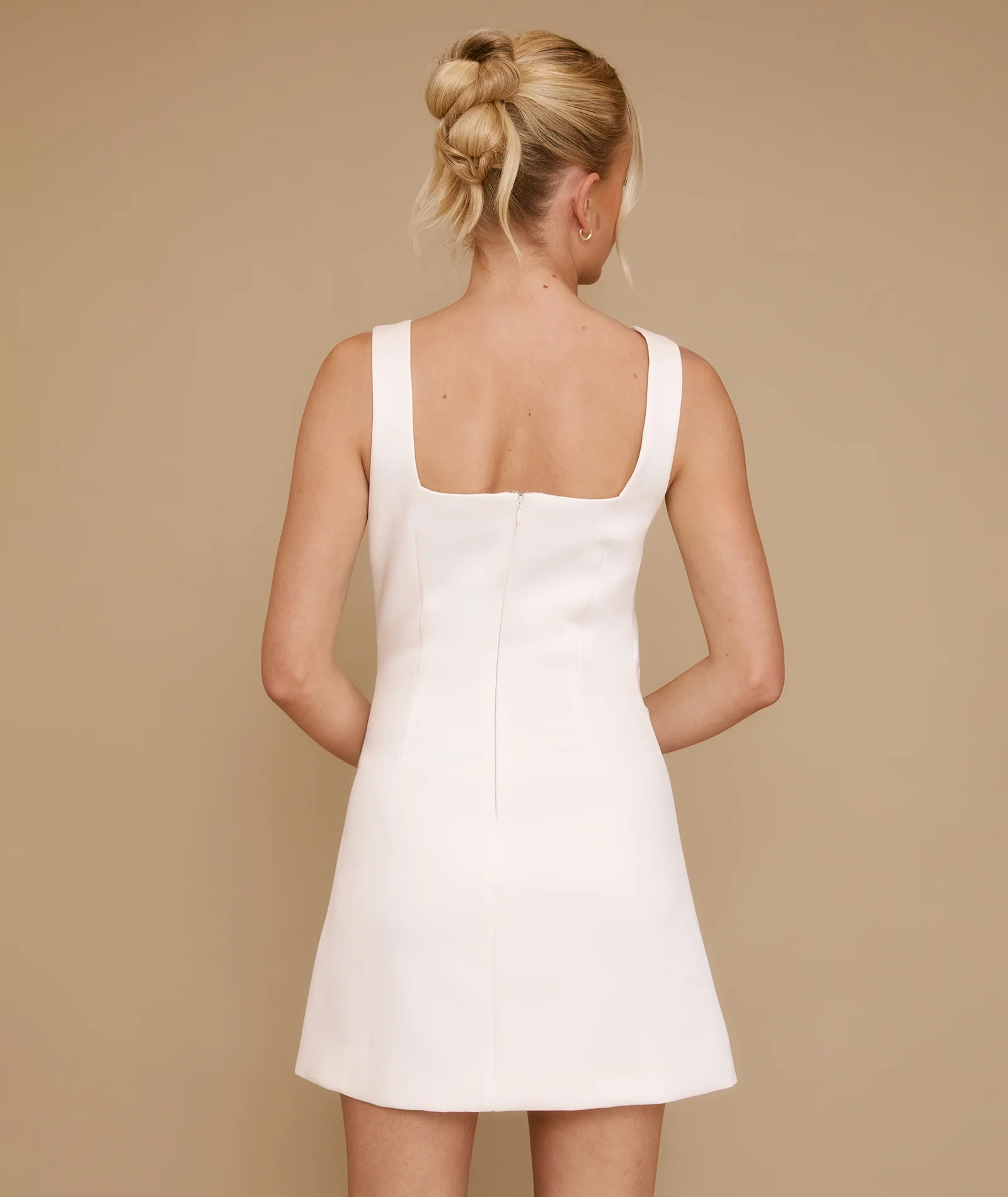Square Neck Button Satin Mini Dress - White - Image 5