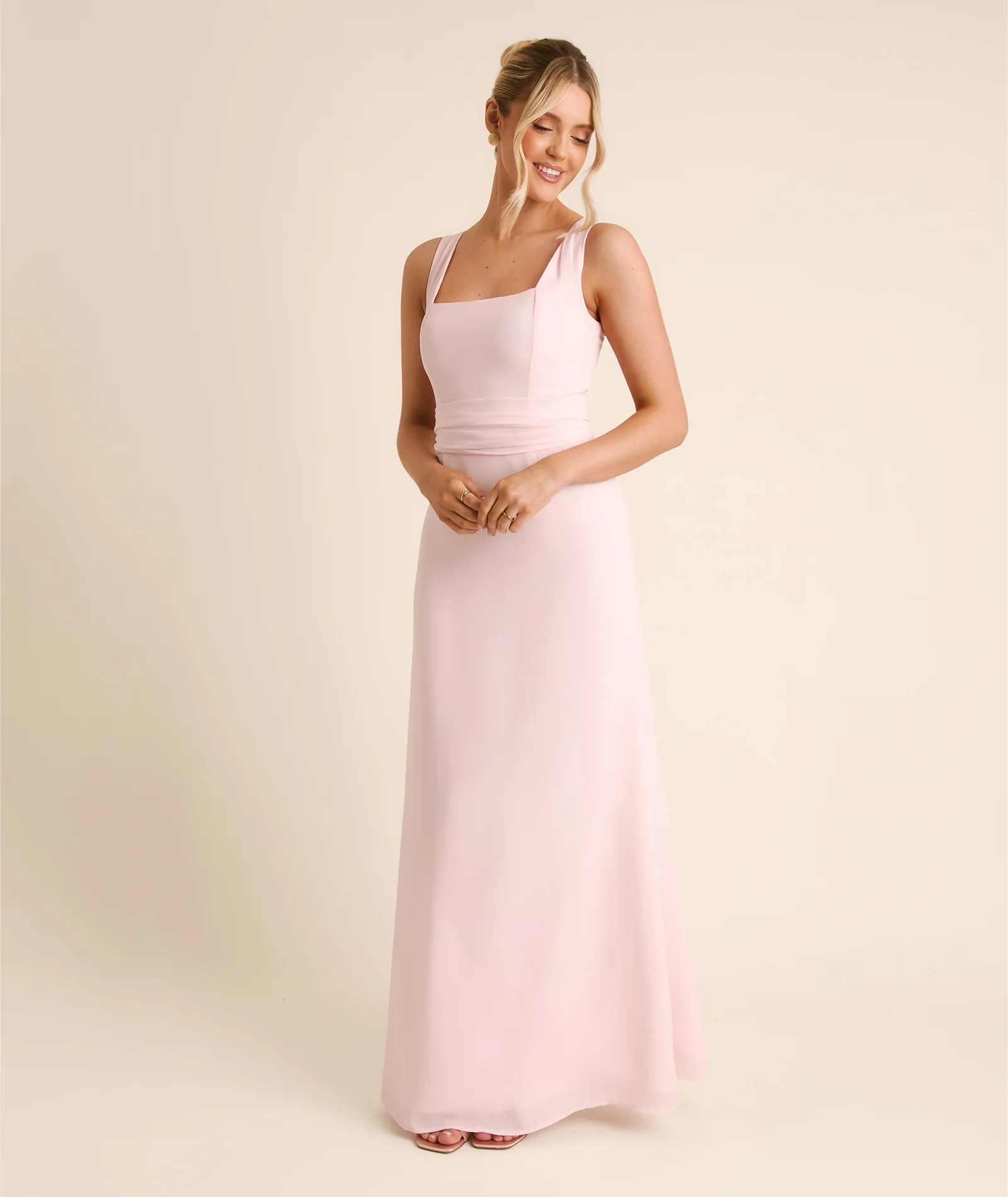 Square Neck Chiffon Bridesmaid Dress with Neck Scarf - Blush Pink - Image 4