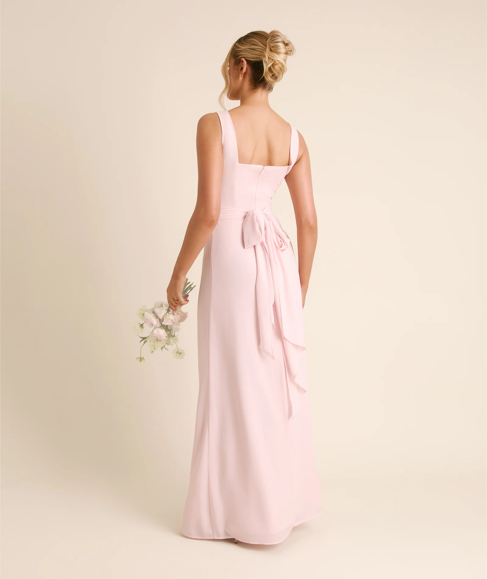Square Neck Chiffon Bridesmaid Dress with Neck Scarf - Blush Pink - Image 5