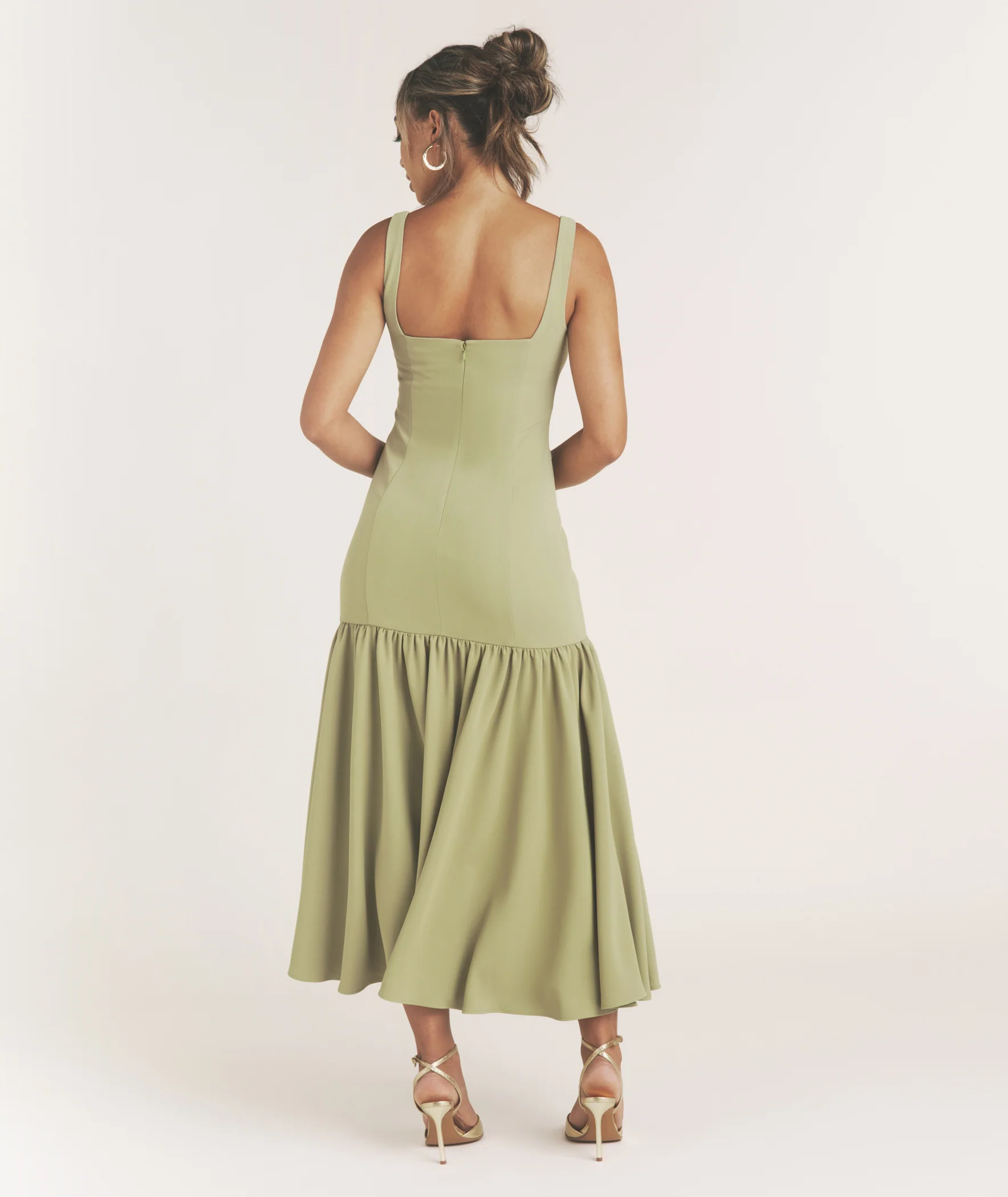 Square Neck Drop Hem Midi Dress - Sage - Image 3