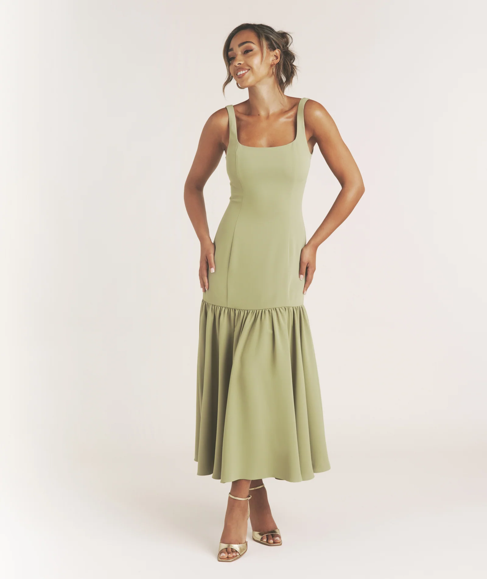 Square Neck Drop Hem Midi Dress - Sage - Image 5