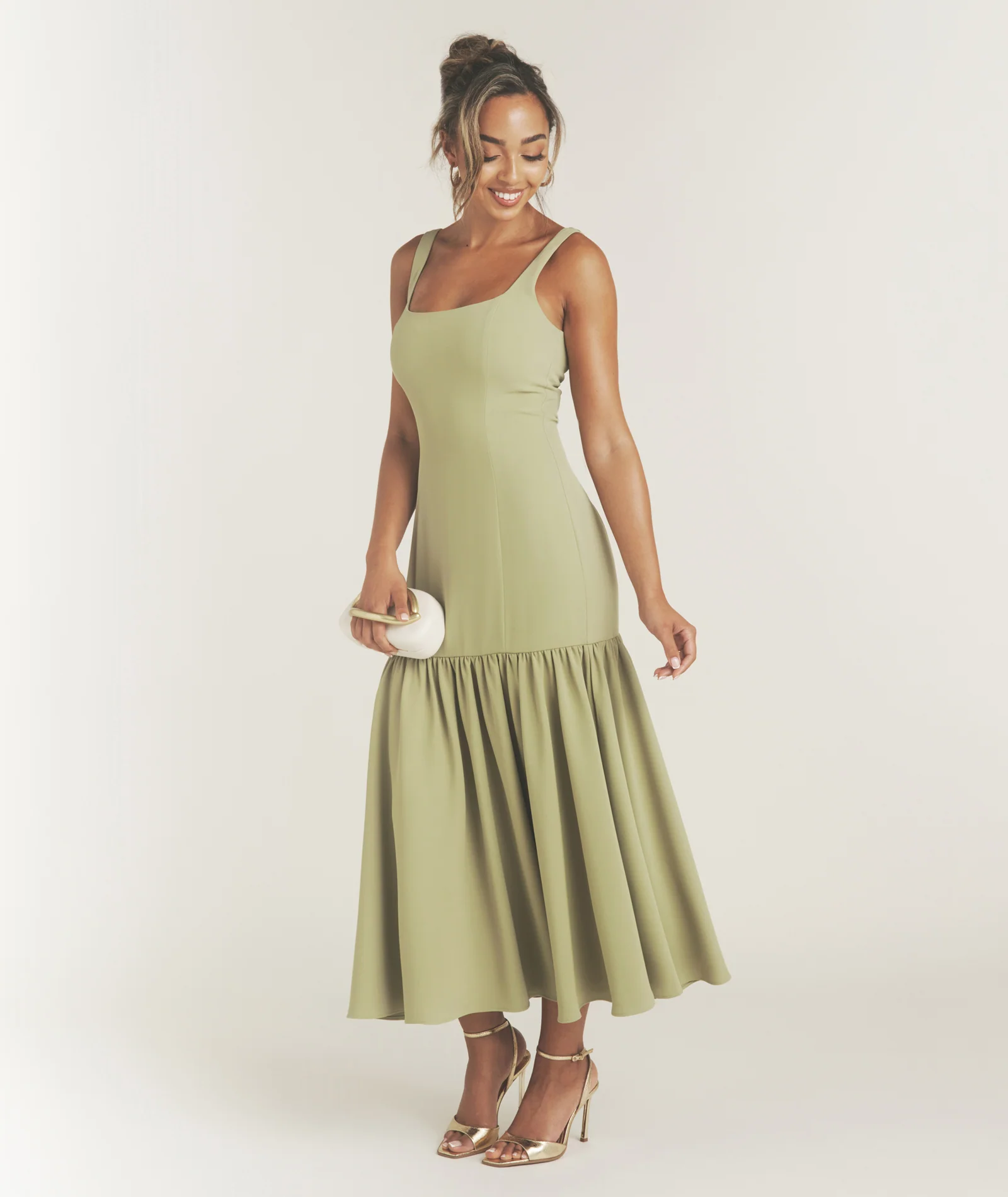 Square Neck Drop Hem Midi Dress - Sage - Image 6