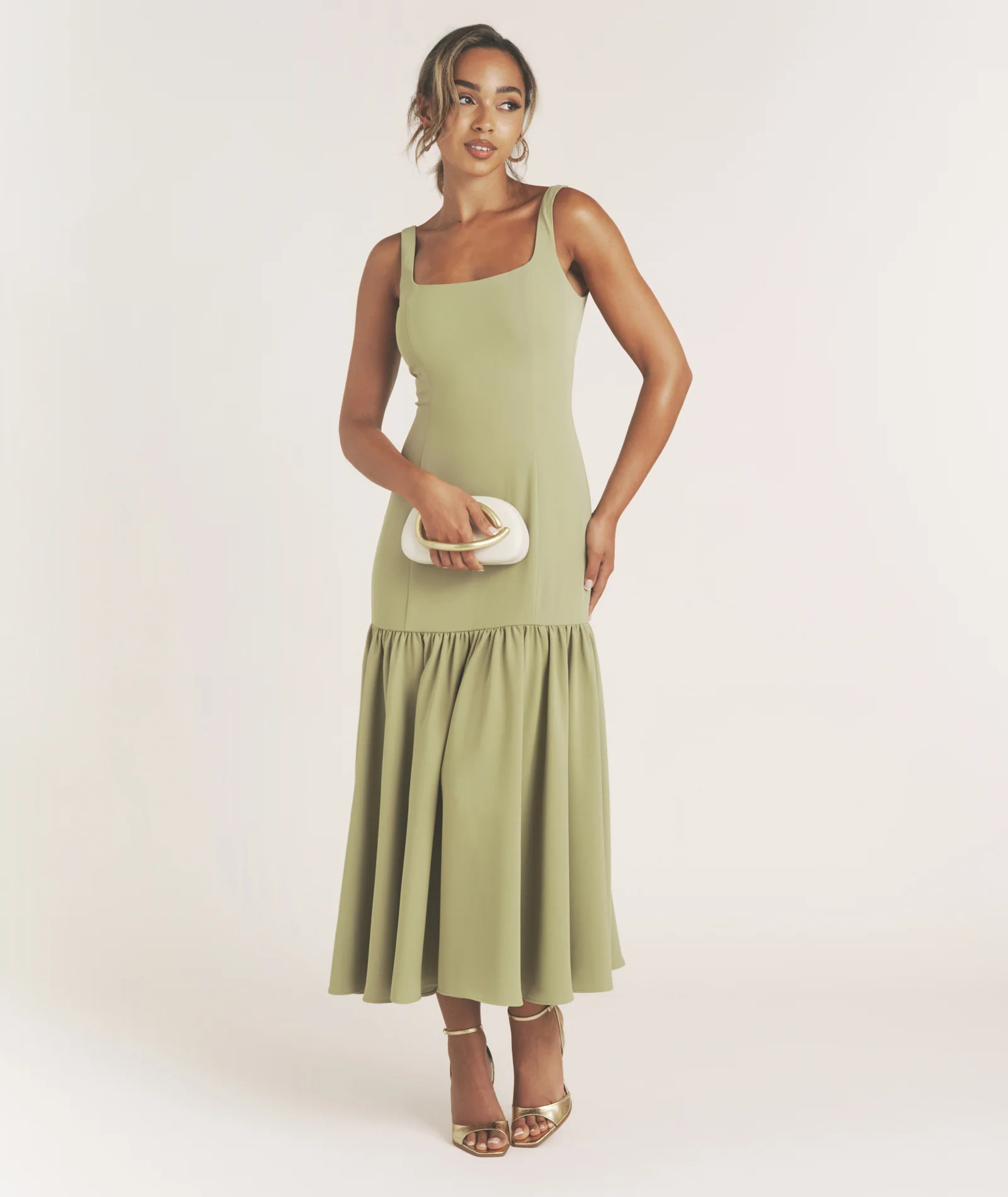 Square Neck Drop Hem Midi Dress - Sage - Image 7