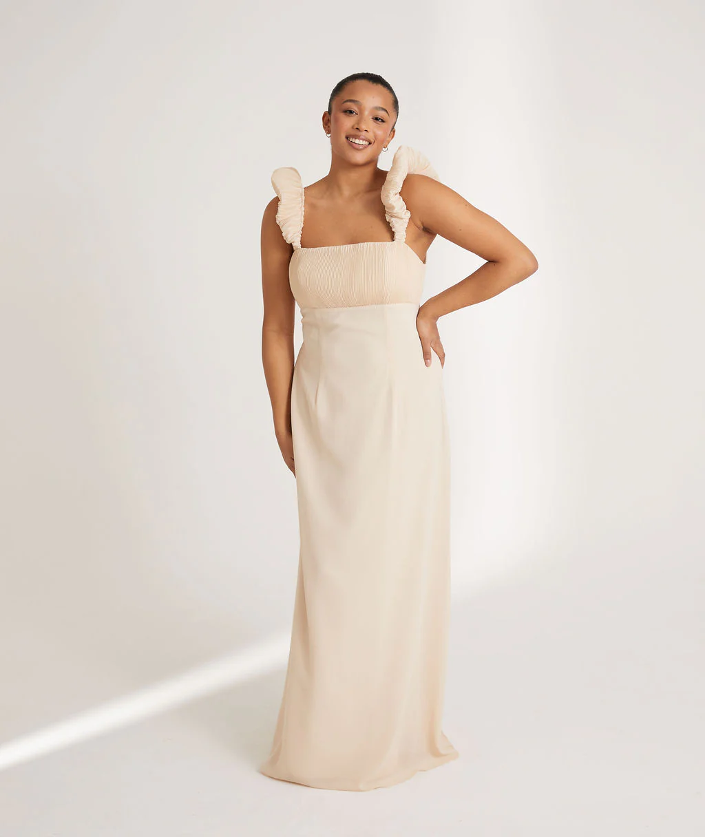 Statement Shoulder Chiffon Bridesmaid Dress - Butter Cream - Image 4