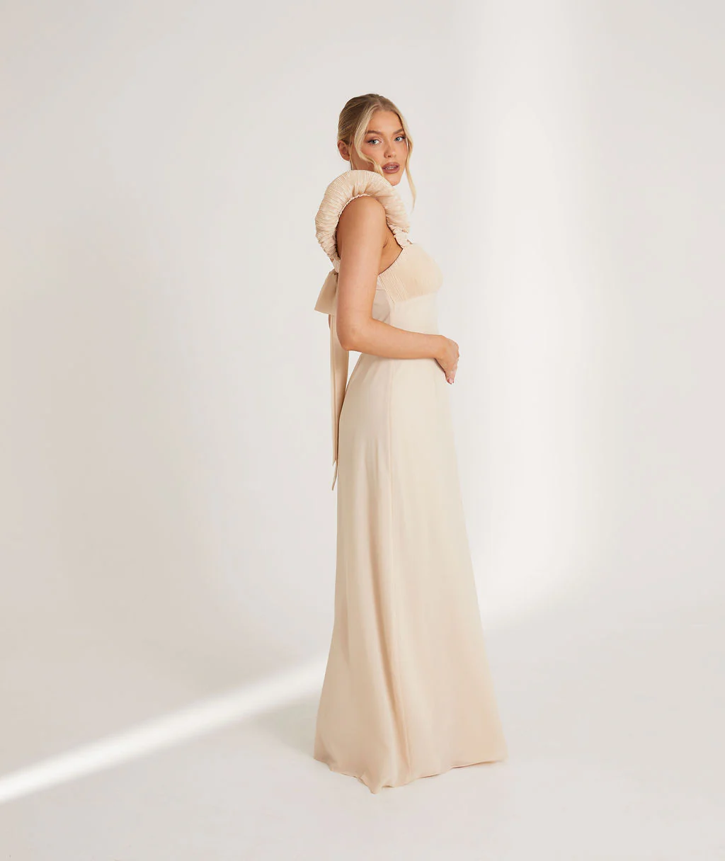Statement Shoulder Chiffon Bridesmaid Dress - Butter Cream - Image 7