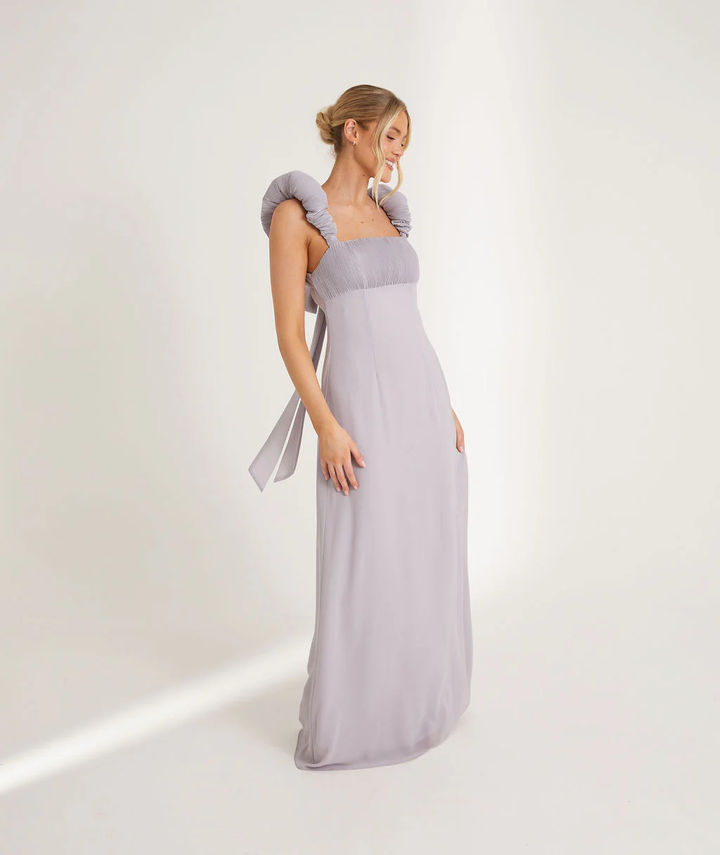 Statement Shoulder Chiffon Bridesmaid Dress - Dusty Lilac - Image 3