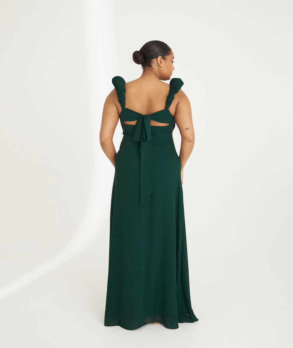 Statement Shoulder Chiffon Bridesmaid Dress - Emerald - Image 4