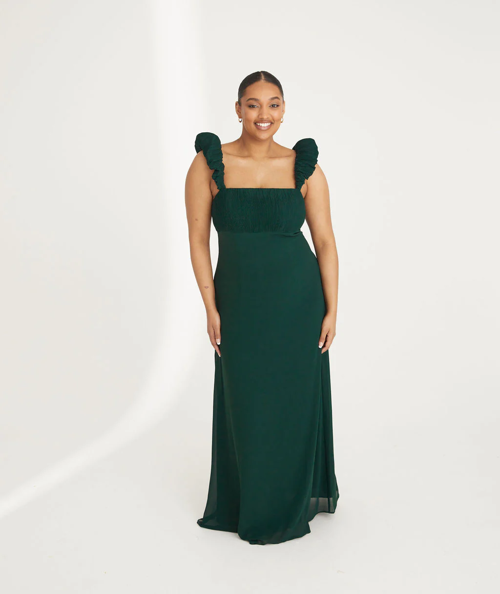 Statement Shoulder Chiffon Bridesmaid Dress - Emerald - Image 5