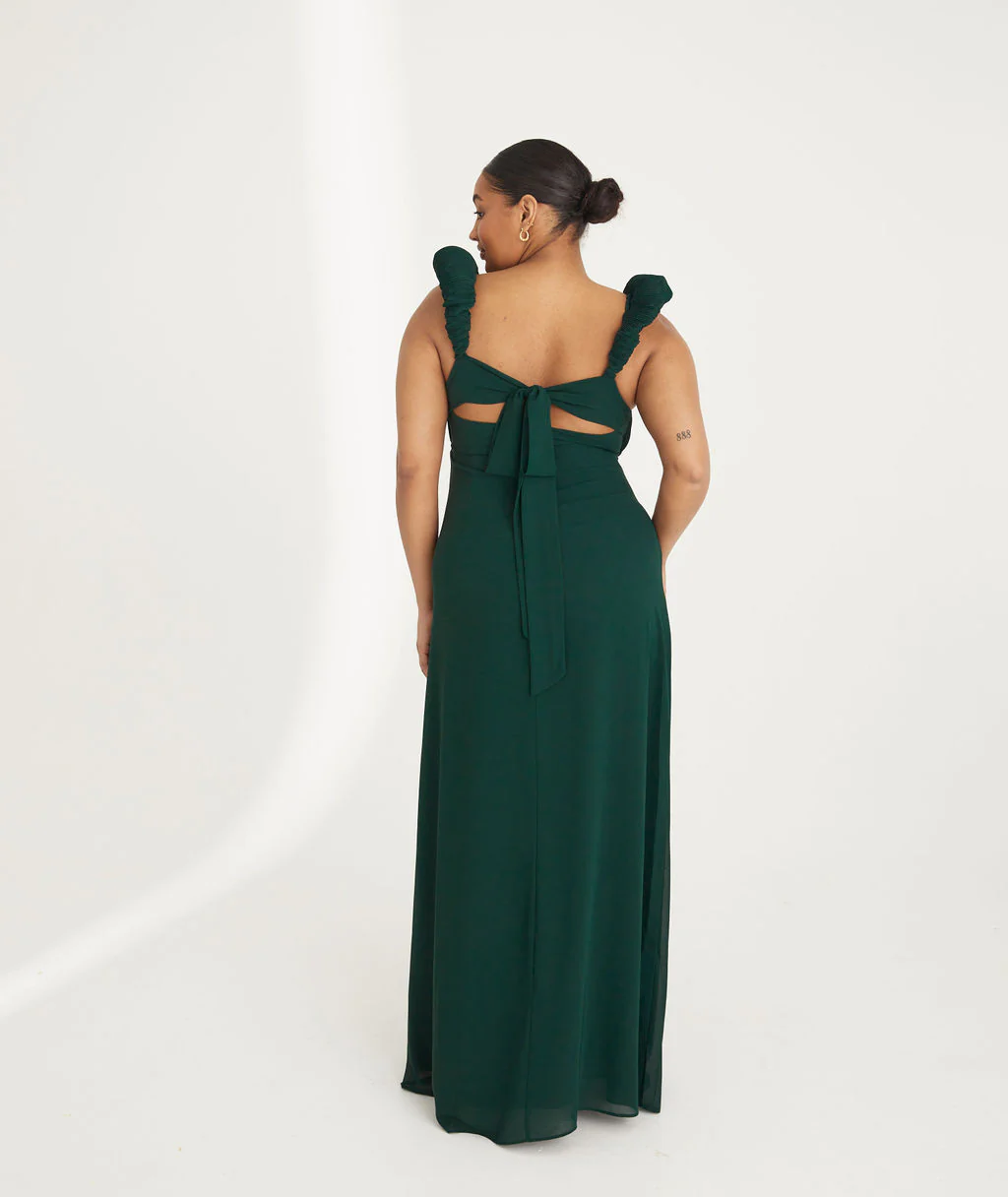 Statement Shoulder Chiffon Bridesmaid Dress - Emerald - Image 7