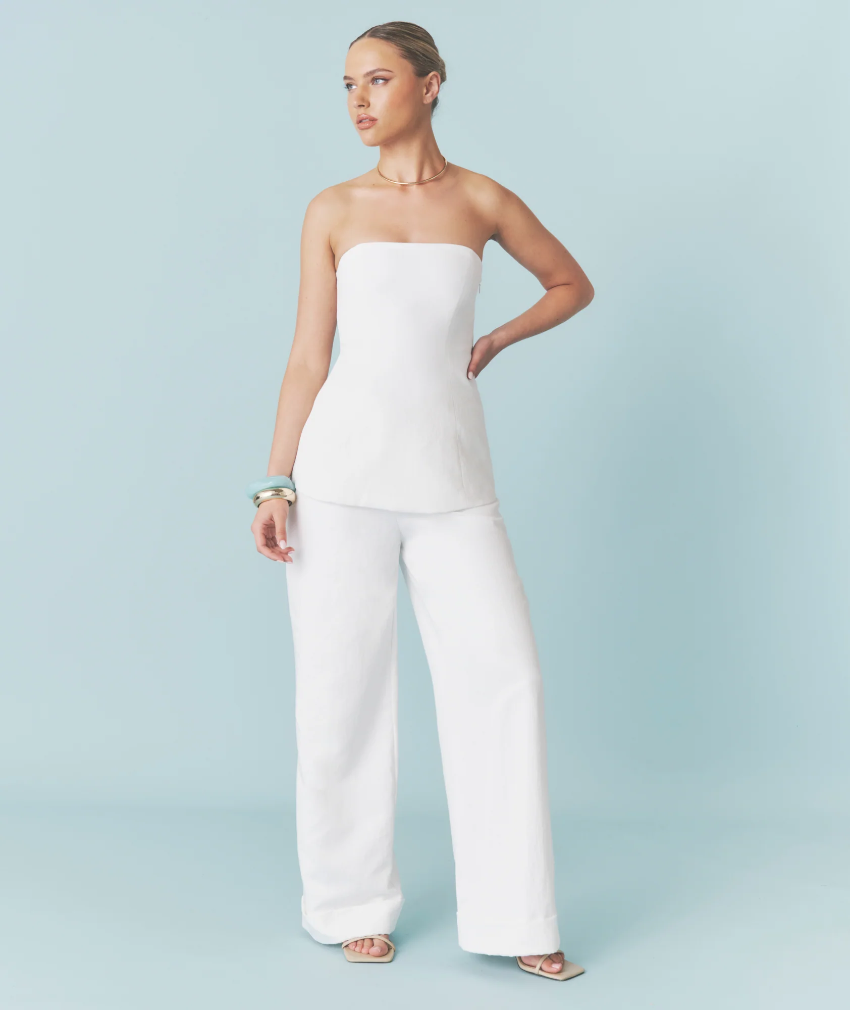 Textured Turn Up Tailored Trousers - White - Image 7