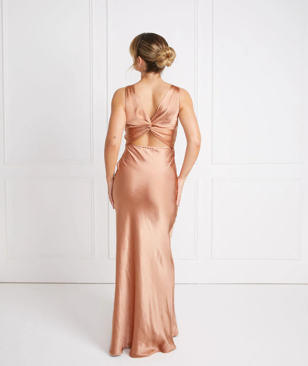 Twist Back Satin Bridesmaid Dress - Burnt Peach - Image 4
