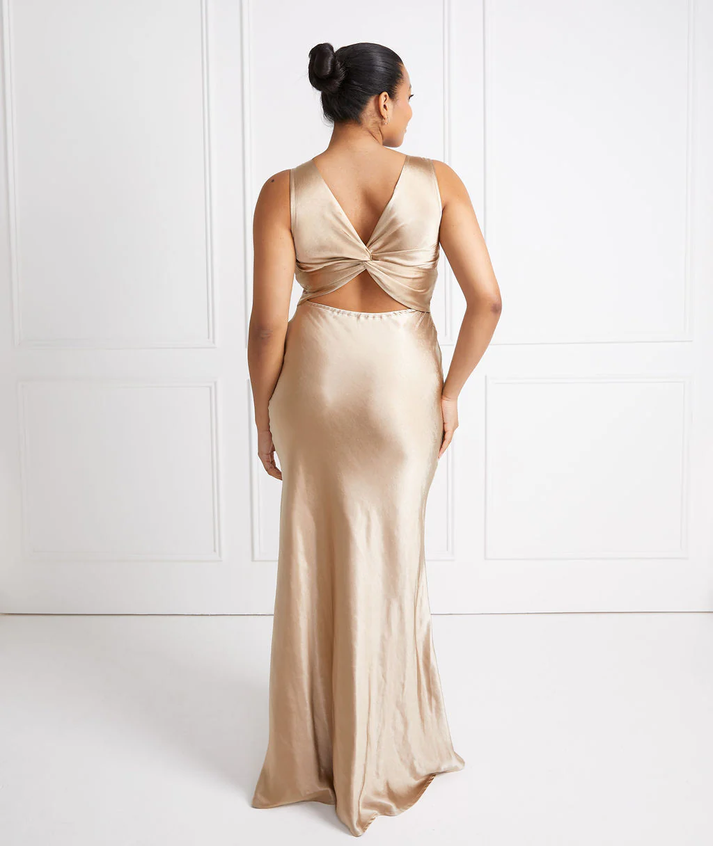 Twist Back Satin Bridesmaid Dress - Champagne - Image 3