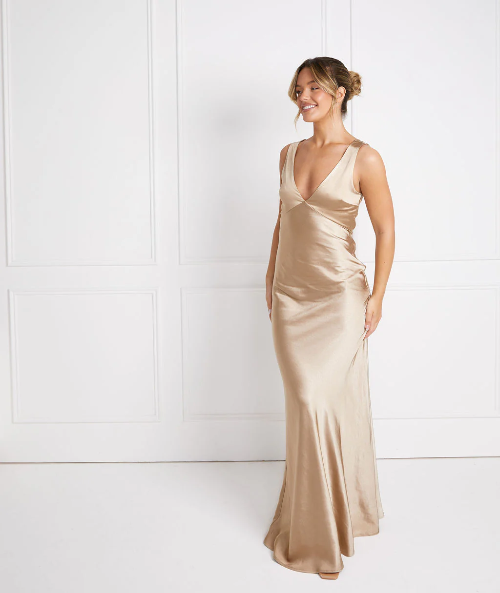 Twist Back Satin Bridesmaid Dress - Champagne - Image 4