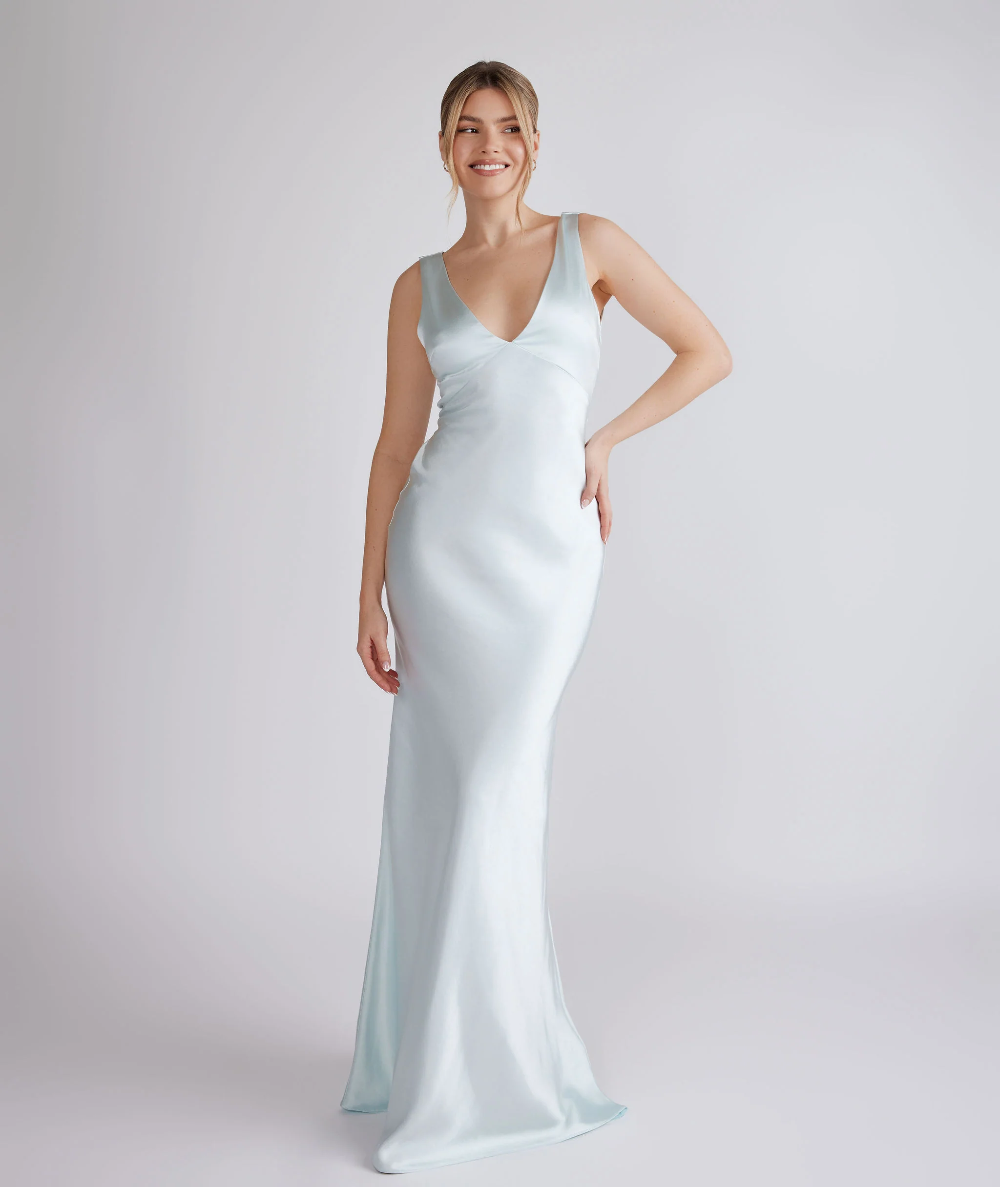 Twist Back Satin Bridesmaid Dress - Ice Blue - Image 5