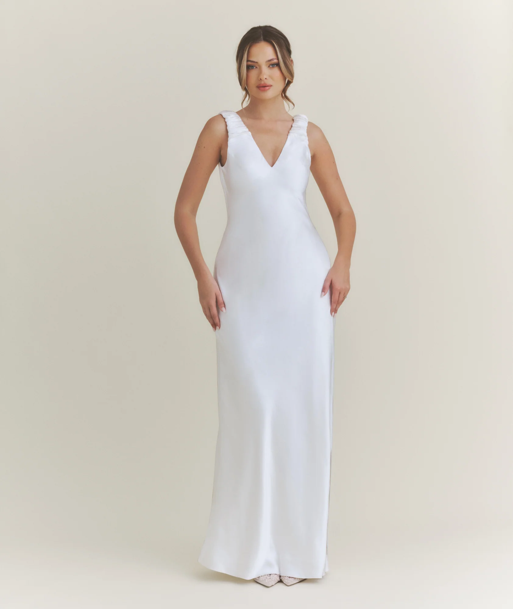V Neck Satin Maxi Dress – White - Image 4