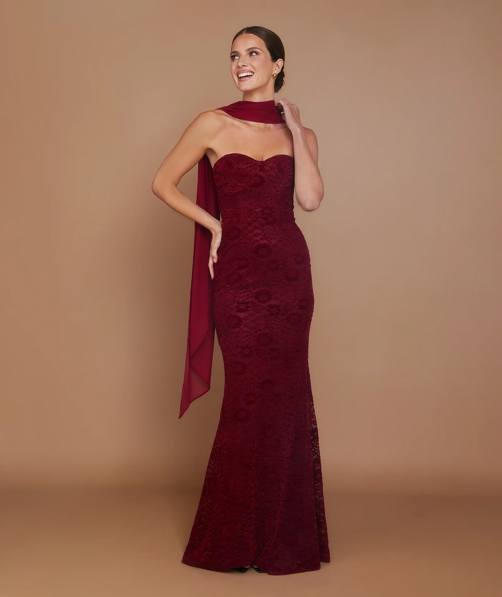 Velvet Lace Corset Maxi Dress with Neck Scarf - Wine
