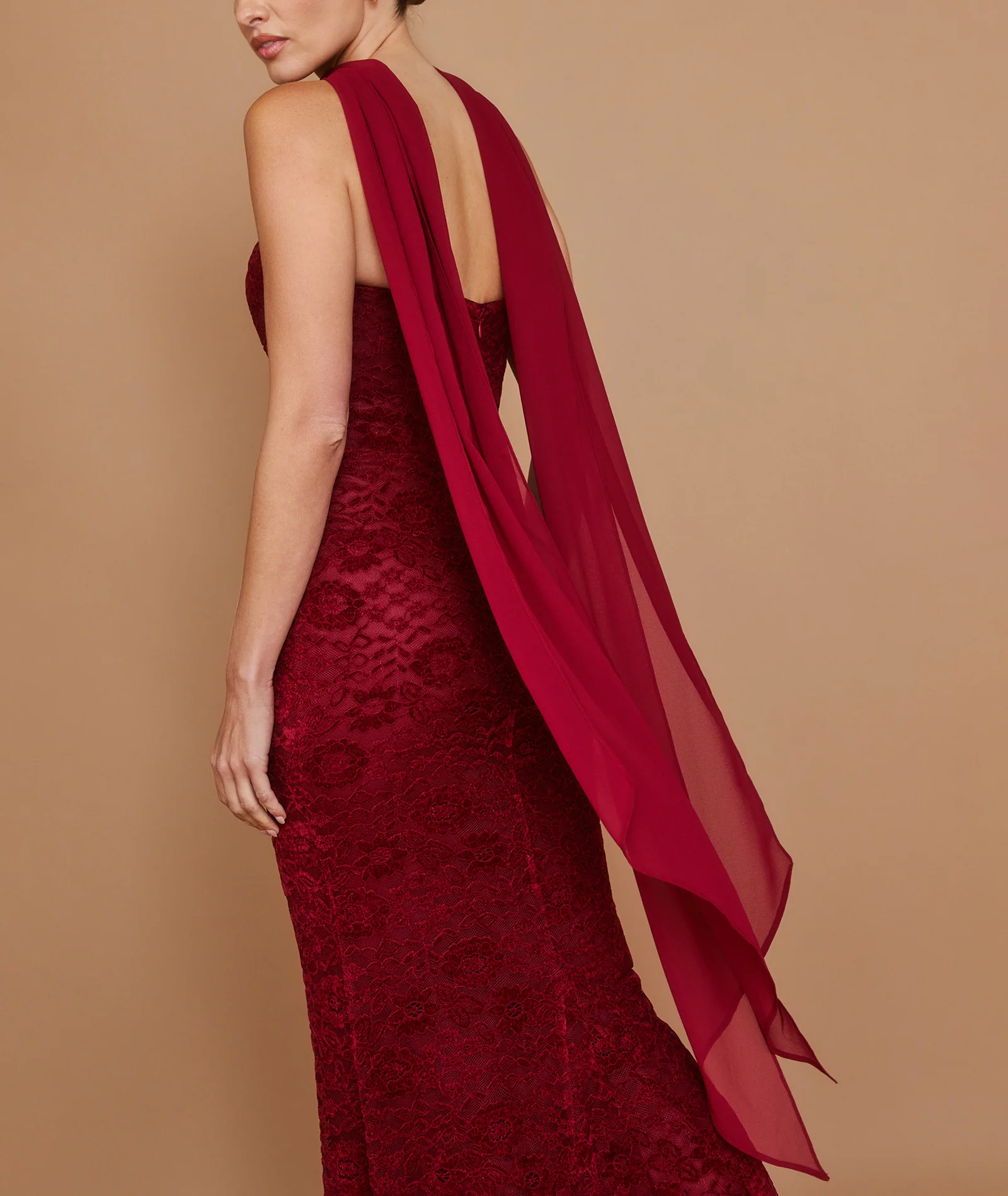 Velvet Lace Corset Maxi Dress with Neck Scarf - Wine - Image 2