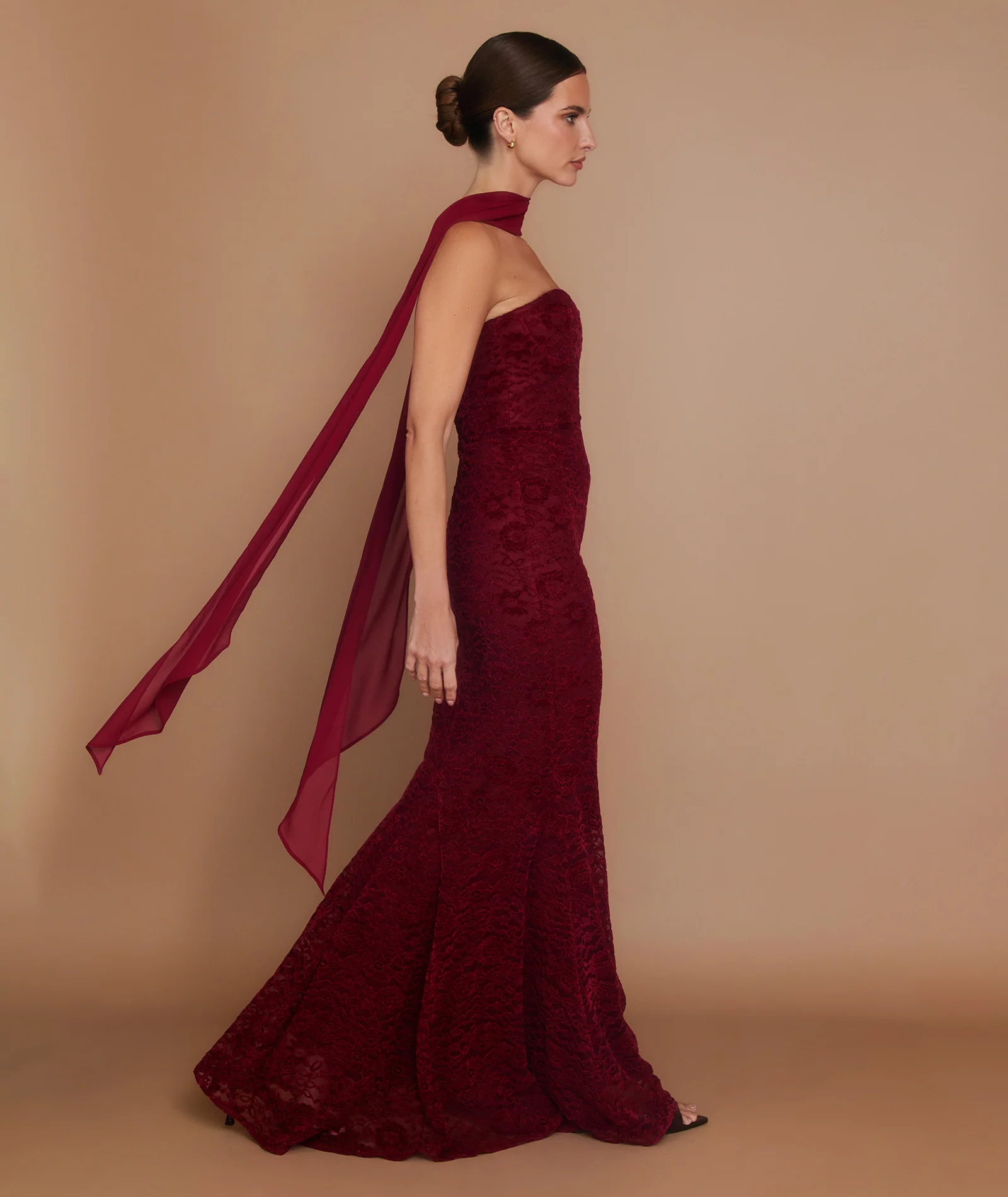 Velvet Lace Corset Maxi Dress with Neck Scarf - Wine - Image 3