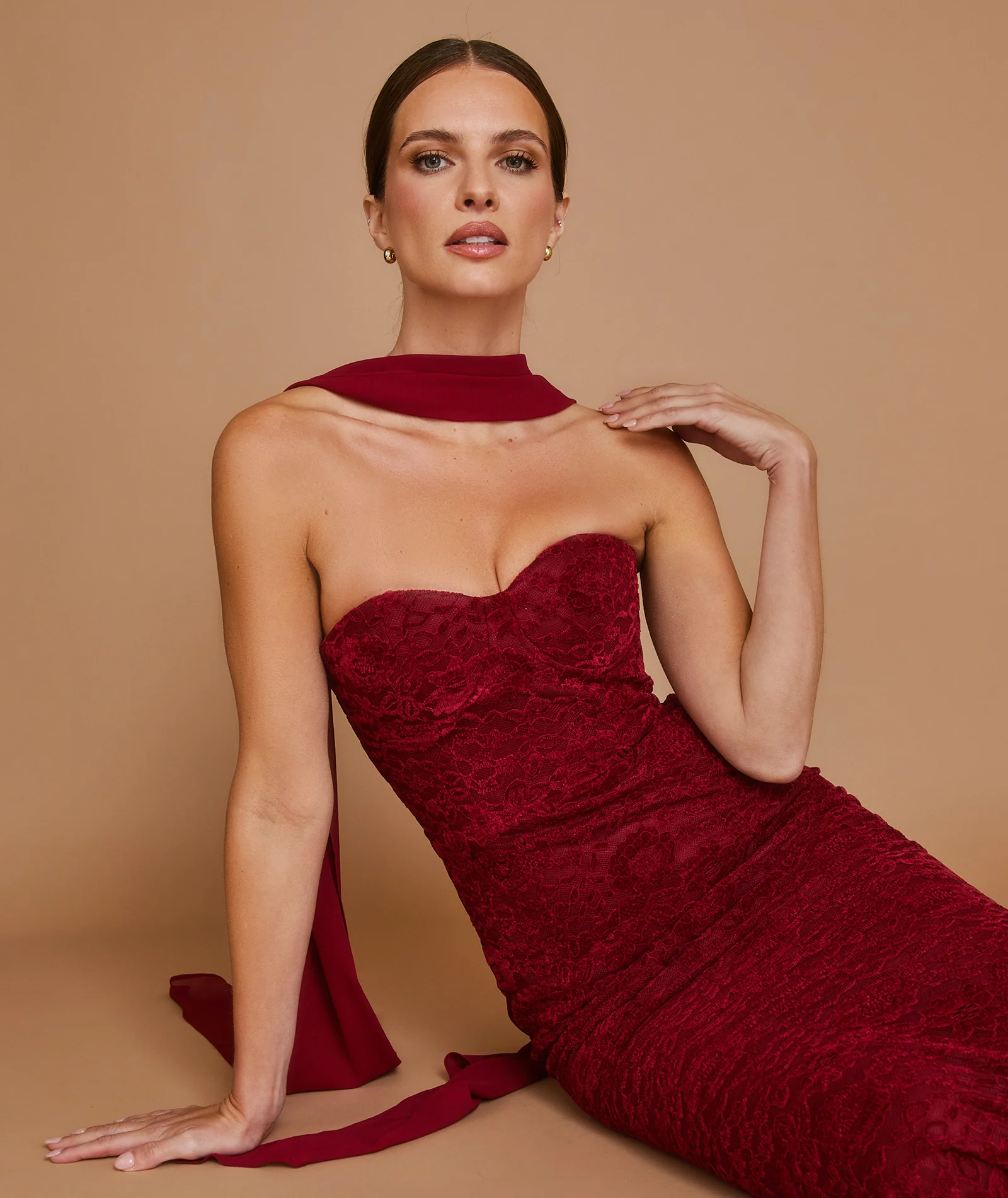 Velvet Lace Corset Maxi Dress with Neck Scarf - Wine - Image 5