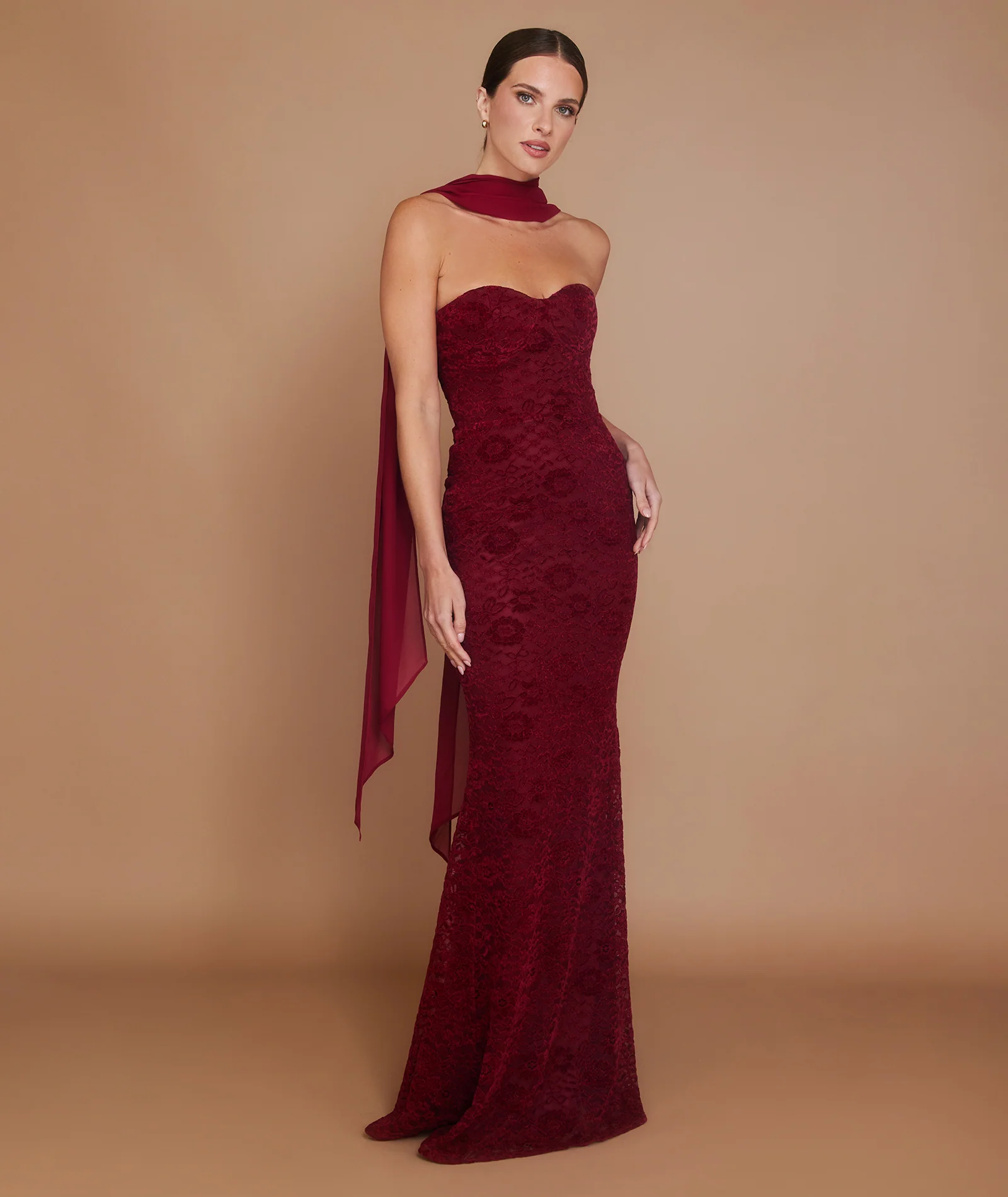 Velvet Lace Corset Maxi Dress with Neck Scarf - Wine - Image 6