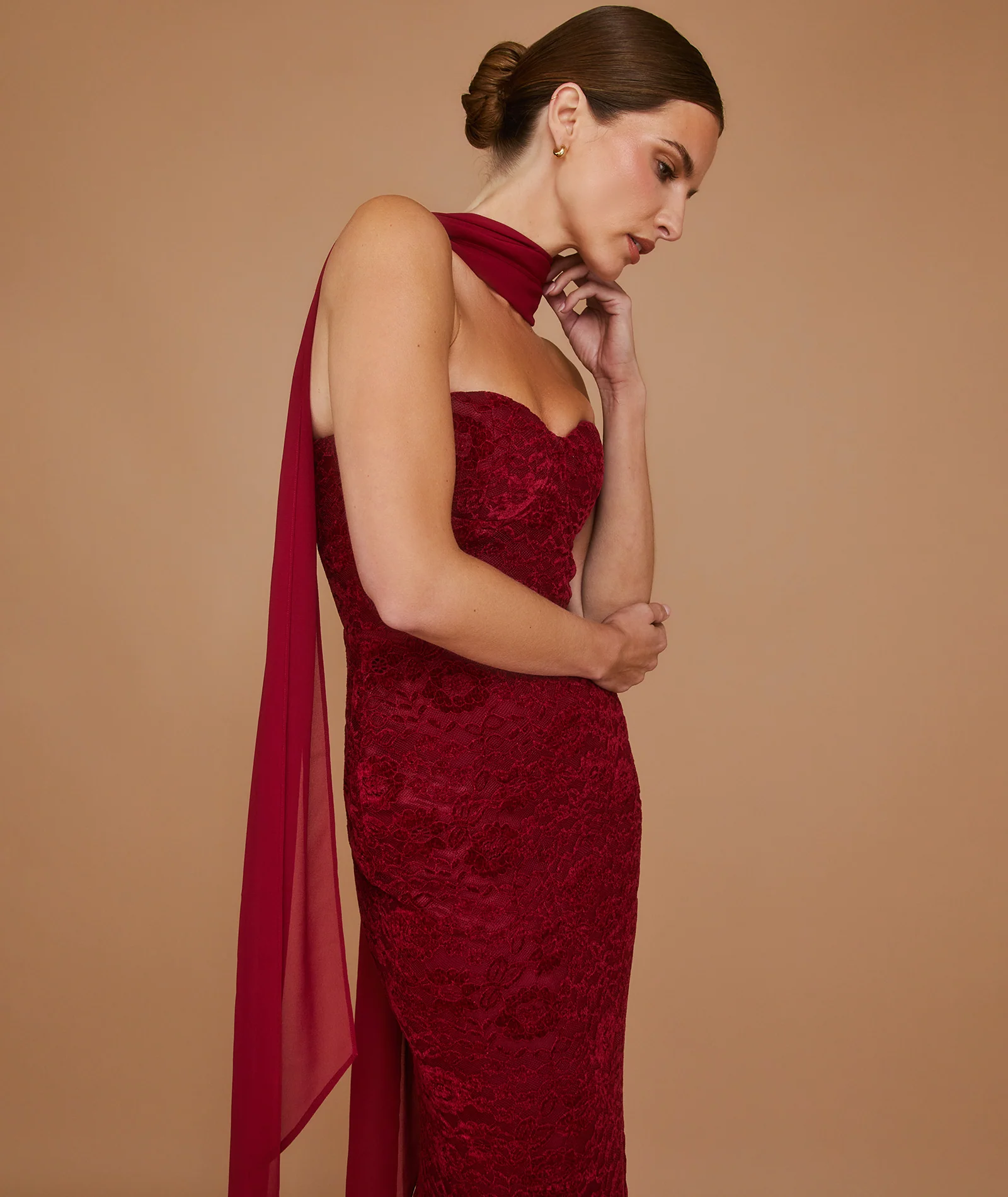 Velvet Lace Corset Maxi Dress with Neck Scarf - Wine - Image 7