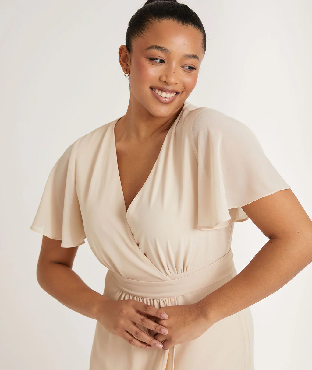 Wrap Tie Chiffon Bridesmaid Dress - Butter Cream - Image 3