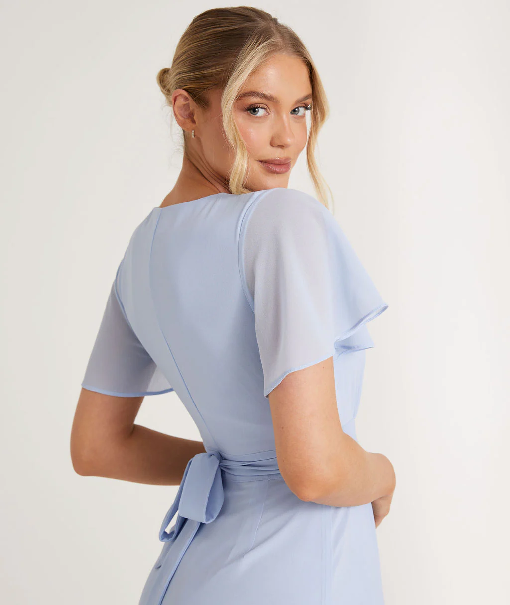 Wrap Tie Chiffon Bridesmaid Dress - Cornflower Blue - Image 2