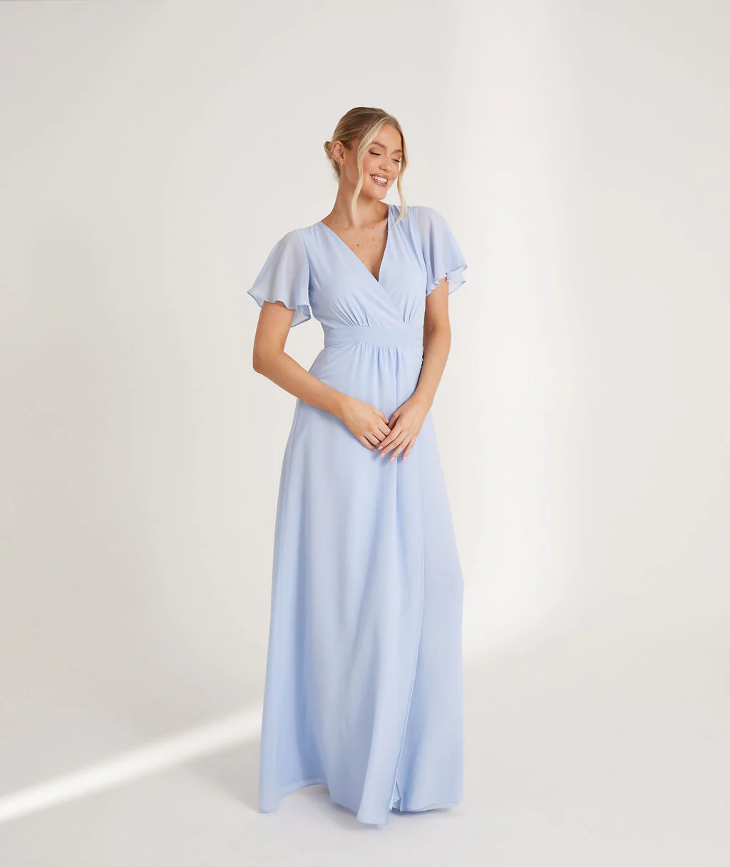 Wrap Tie Chiffon Bridesmaid Dress - Cornflower Blue - Image 7