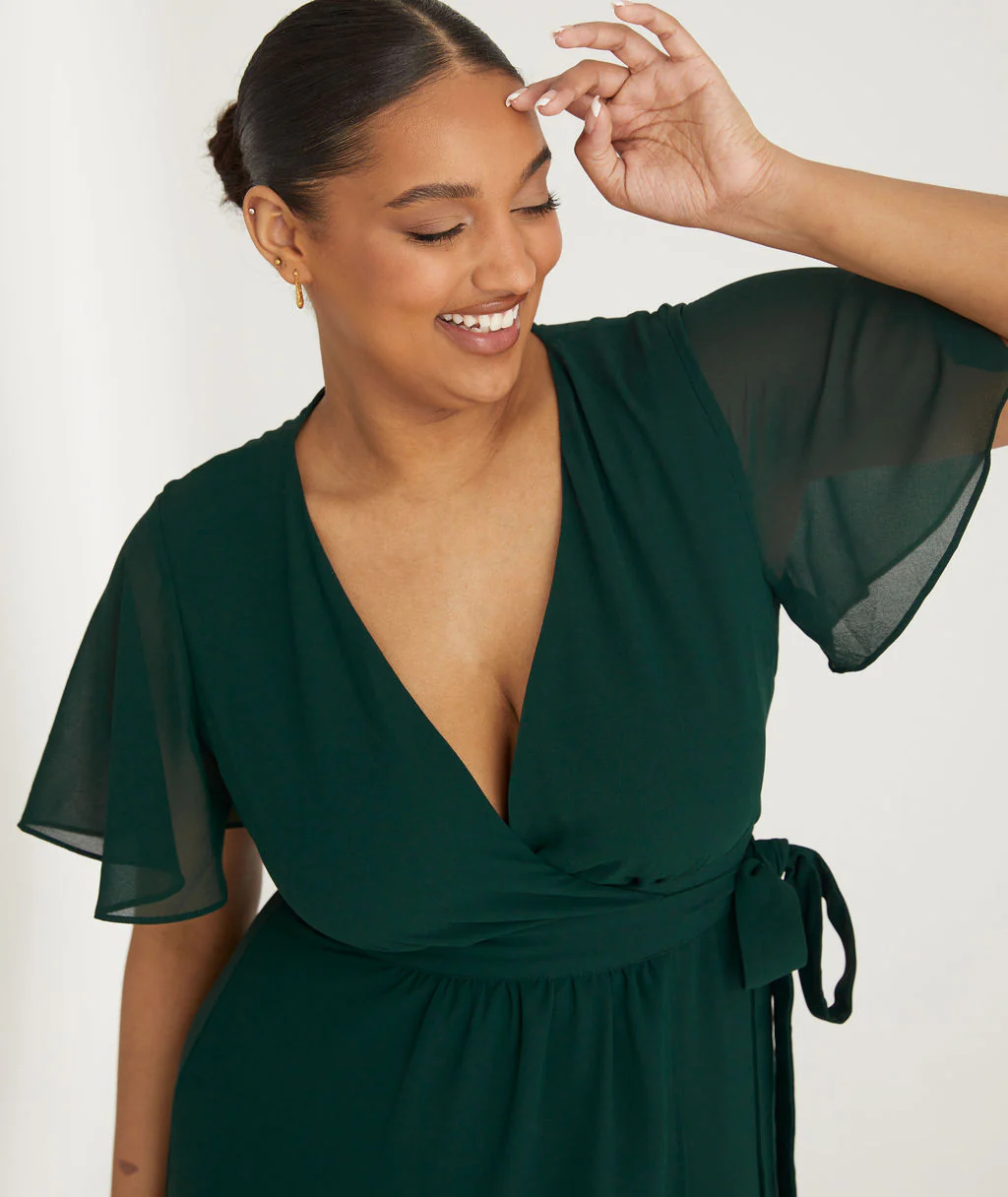 Wrap Tie Chiffon Bridesmaid Dress - Emerald - Image 3