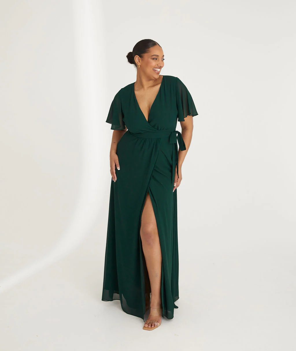 Wrap Tie Chiffon Bridesmaid Dress - Emerald - Image 5