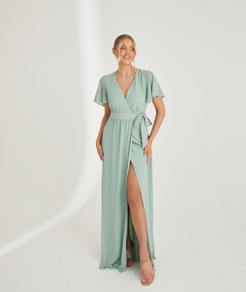 Wrap Tie Chiffon Bridesmaid Dress - Sage - Image 3