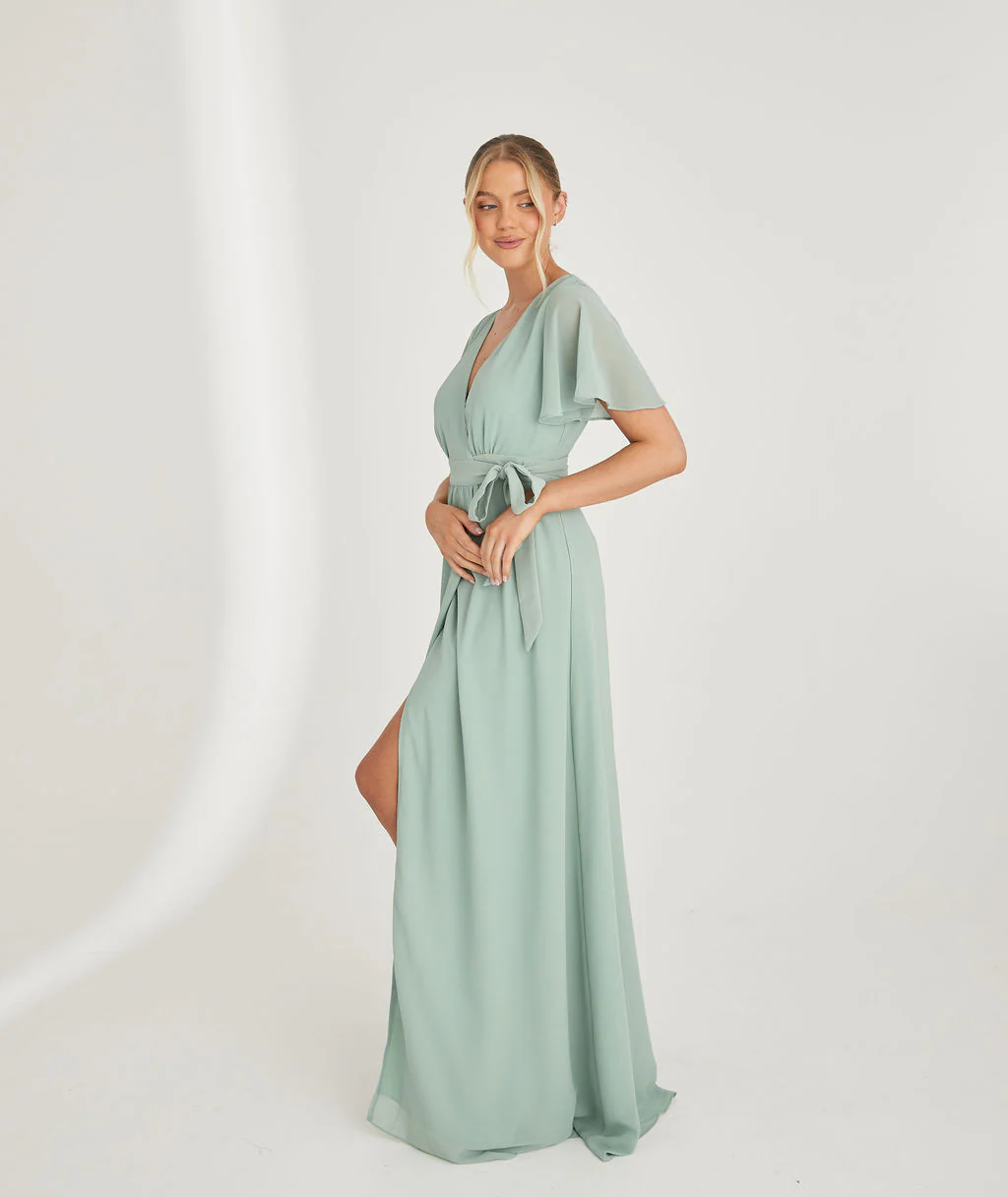 Wrap Tie Chiffon Bridesmaid Dress - Sage - Image 6