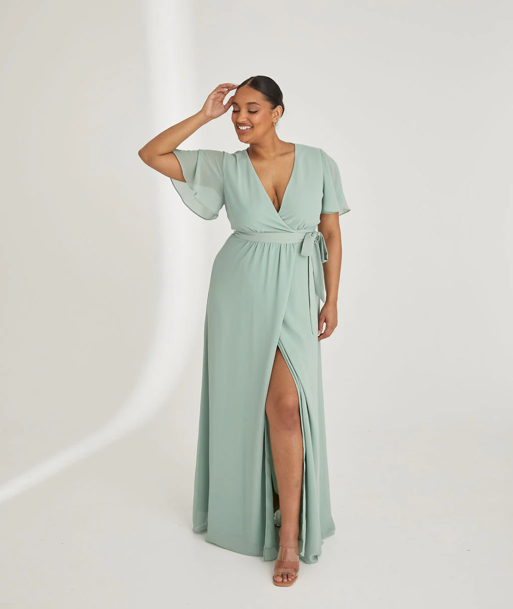 Wrap Tie Chiffon Bridesmaid Dress - Sage - Image 7