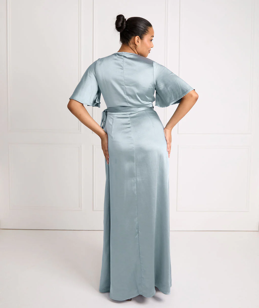 Wrap Tie Satin Bridesmaid Dress - Dusty Blue - Image 3