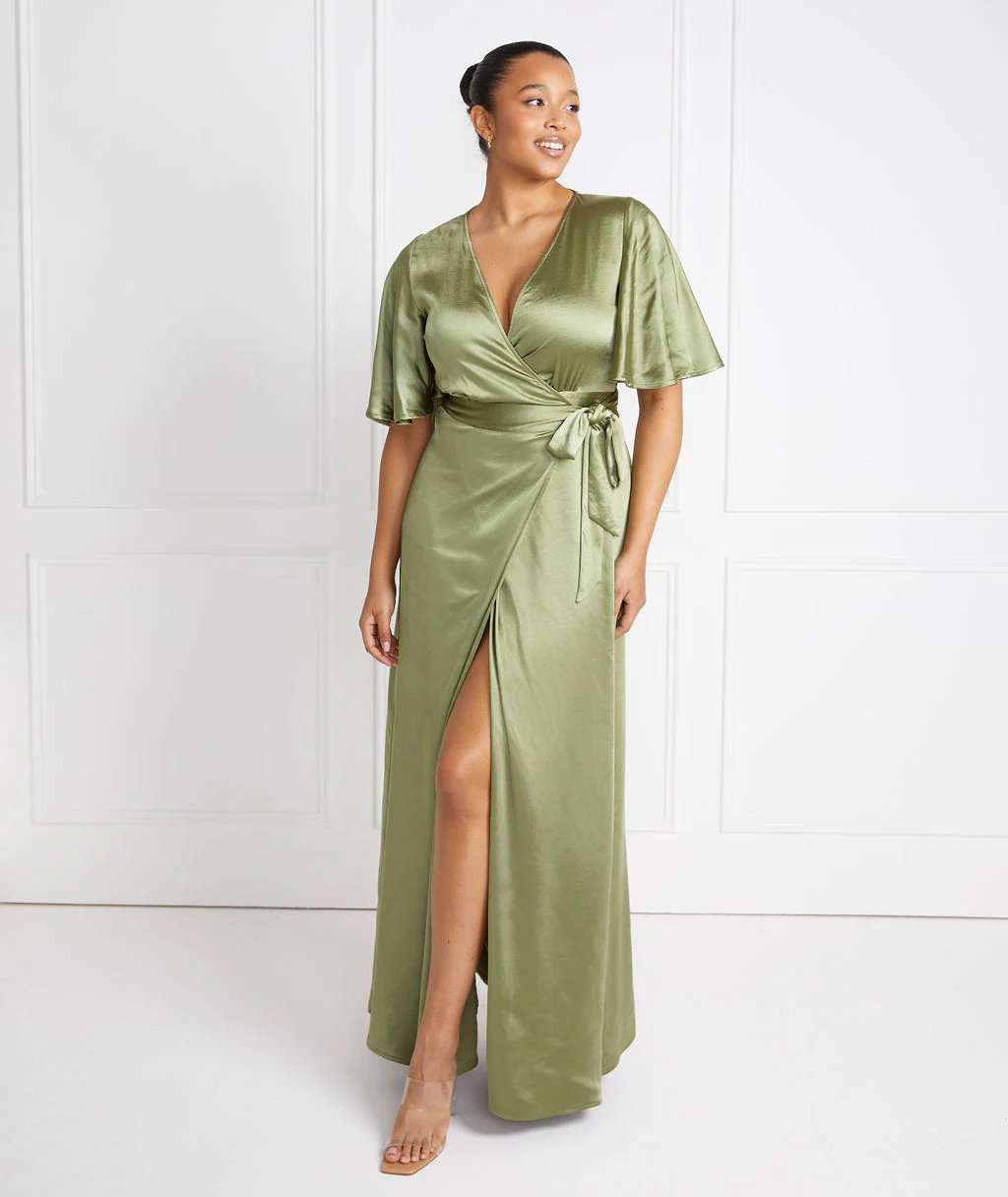 Wrap Tie Satin Bridesmaid Dress - Moss Green - Image 3