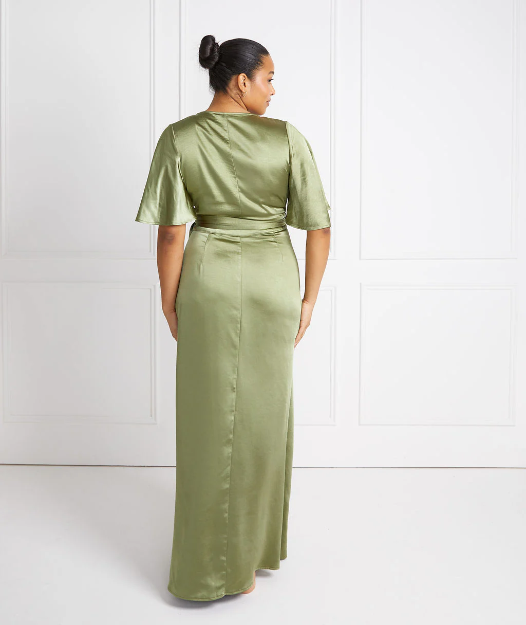 Wrap Tie Satin Bridesmaid Dress - Moss Green - Image 4